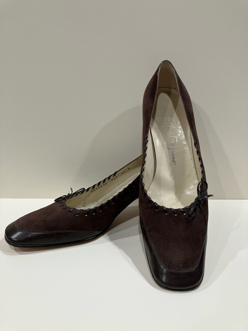 Salvatore Ferragamo Brown Suede and Leather Square-Toe Pumps with Bow Trim